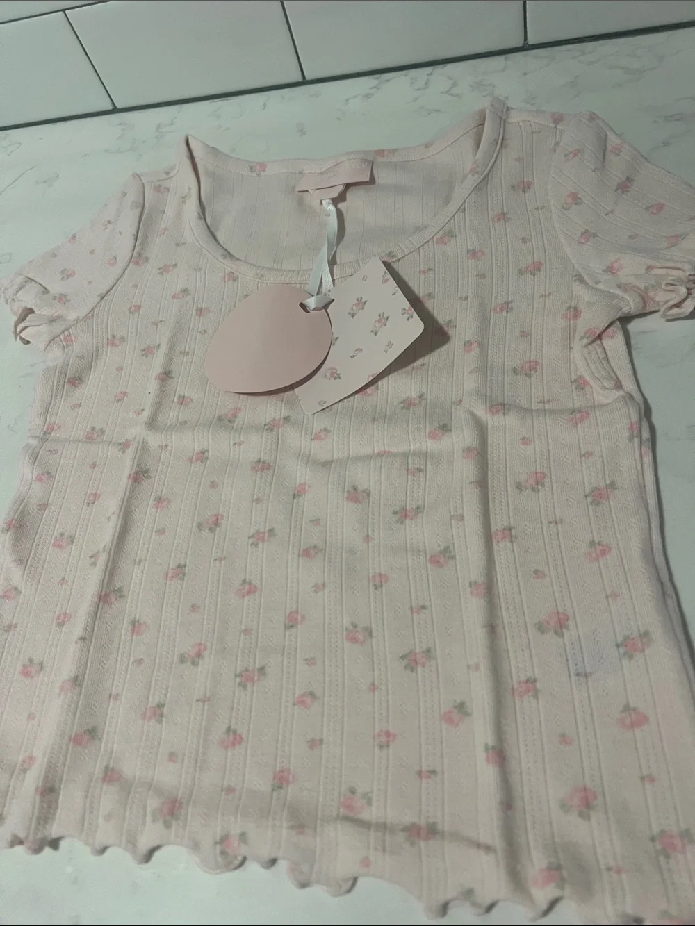 LoveShackFancy Light Pink Floral Ribbed Short Sleeve Top